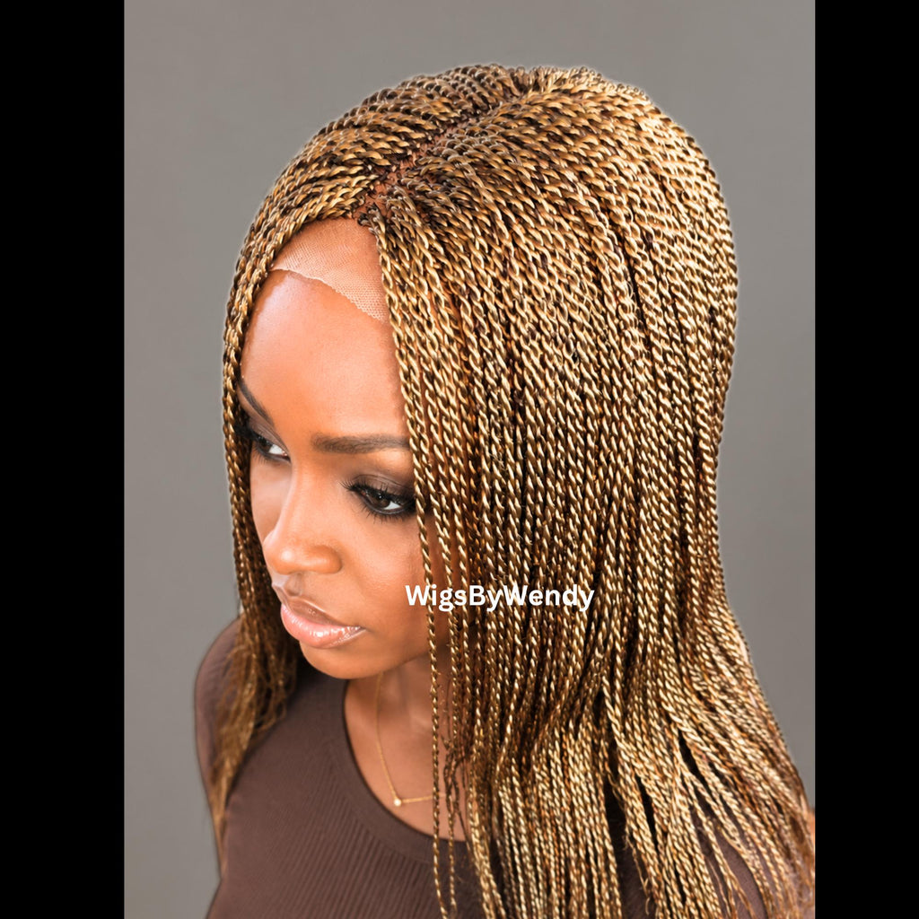 Gold Micro Twist Braided Wig, Long Centre-part Light-weight Single Braids Wig