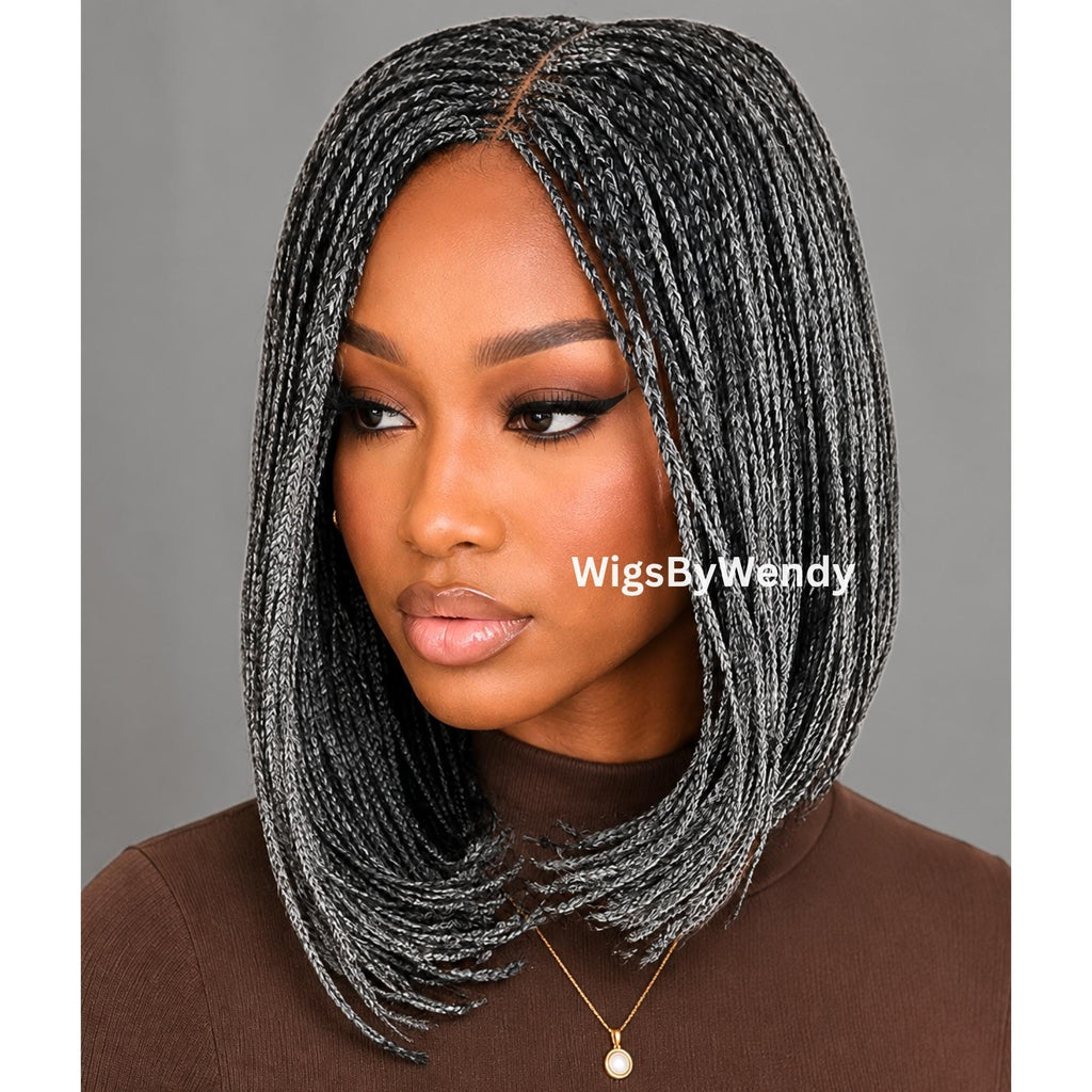 Salt and Pepper Short Bob Braids Wig, Human Hair Lace Closure Lightweight Wig
