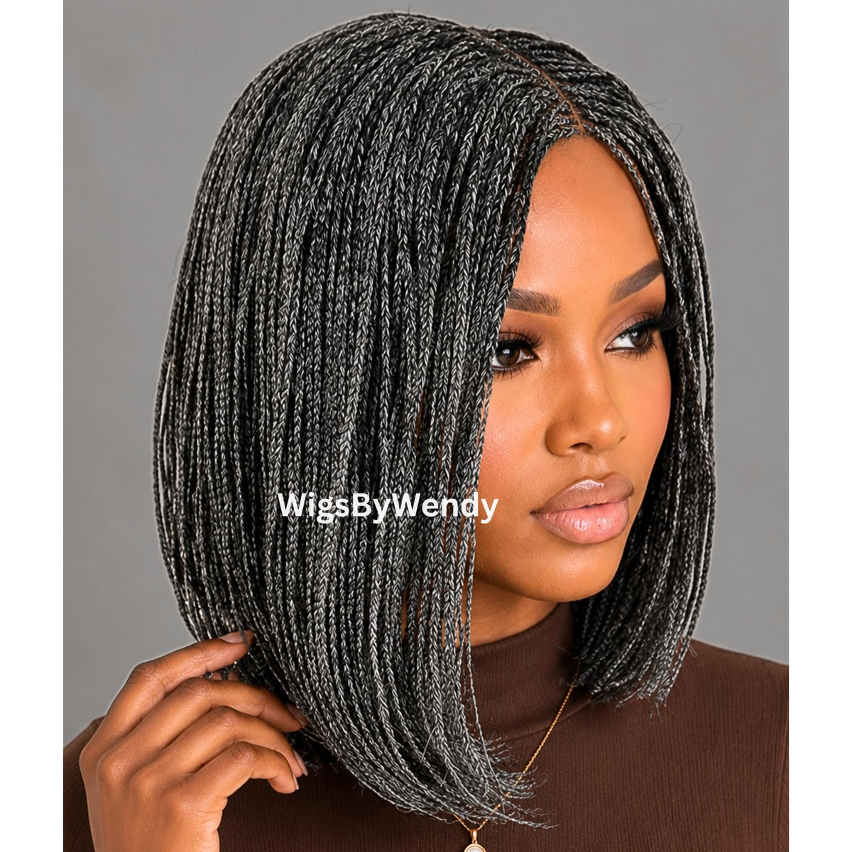 Salt and Pepper Short Bob Braids Wig, Human Hair Lace Closure Lightweight Wig