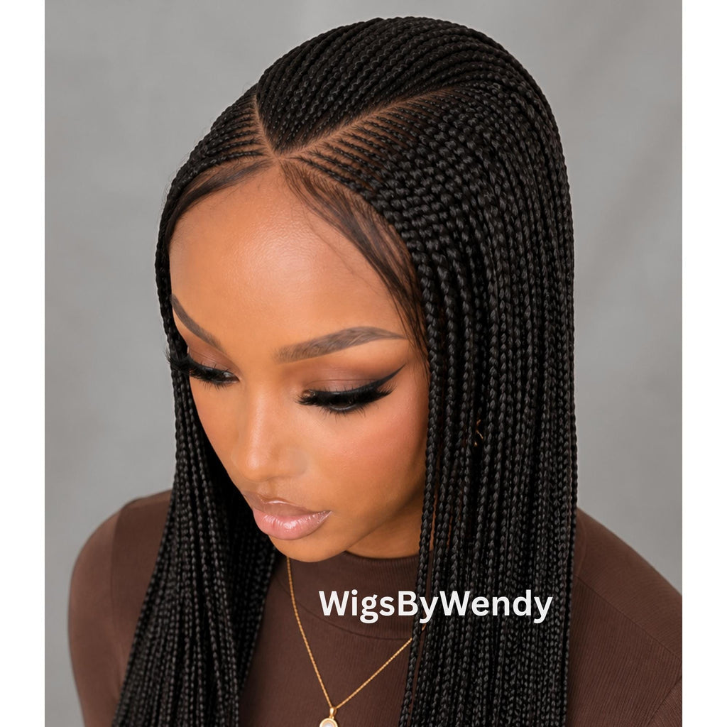 V-Part Conrow Wig, Long Single Box Braids Lightweight African Weave Wig With Baby Hair