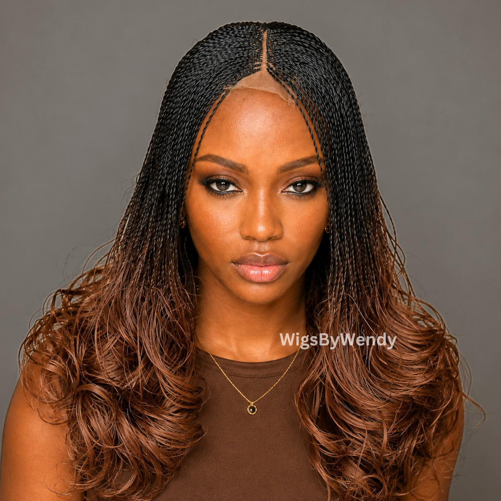 Black/Brown Spanish Curls Lace Closure Twist Wig, Single Box Braids French Curls Lightweight African Weave Wig