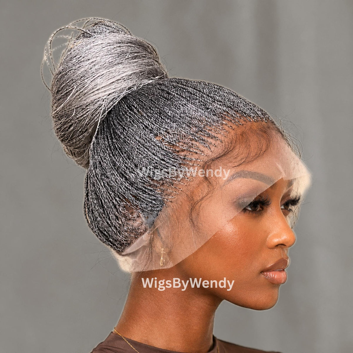 22inch Salt and Pepper, Black Grey Silver Micro Twist Braided Wig, Centre-part Light-weight Single Nano Braids Wig