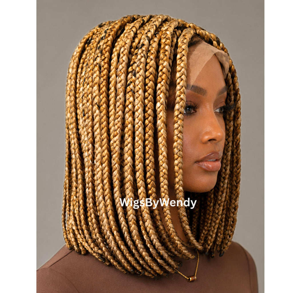 Short Bob Braids Wig, Single Big Box Lace Closure Lightweight Wig, Chunky Side Part Braids