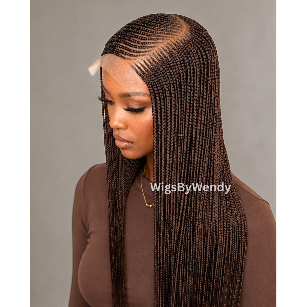 Brown Conrow Wig, Long Single Box Braids Lightweight African Weave Wig