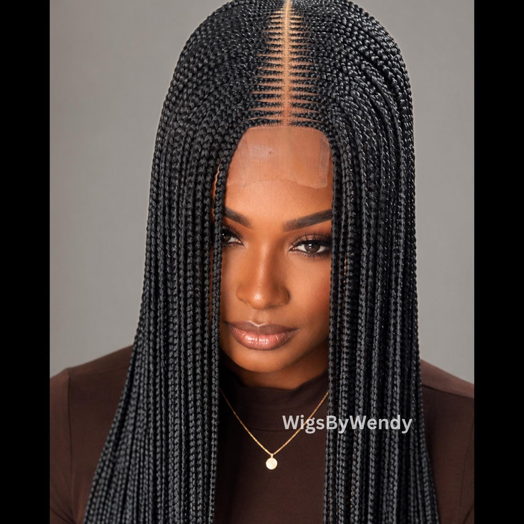 Black Middle Part Long Fulani Conrow Braids Wig