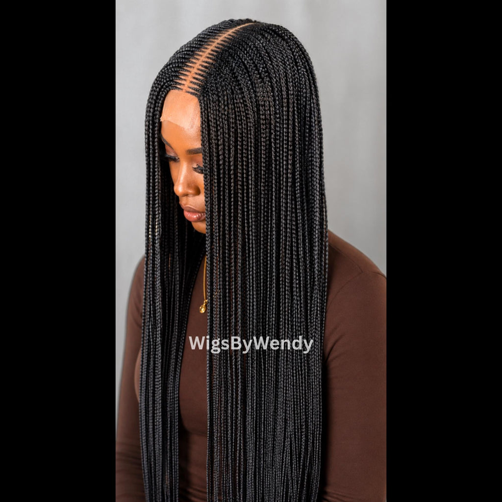 Black Middle Part Long Fulani Conrow Braids Wig
