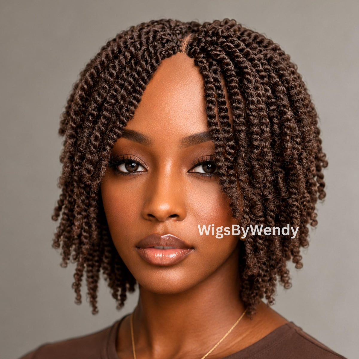 Brown Short Bob Spring Twist Braids Wig, Passion Curls Lace Closure Lightweight Wig