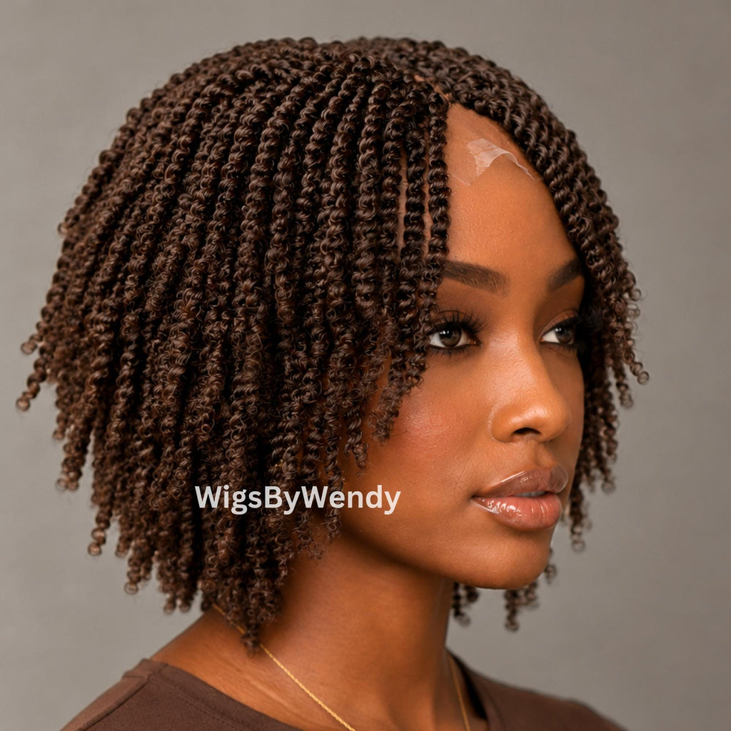 Brown Short Bob Spring Twist Braids Wig, Passion Curls Lace Closure Lightweight Wig