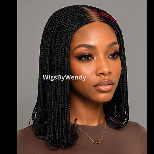 14-Inch Black Red raided Bob Wig, Lightweight Lace Closure Conrow, Side Part Box Braids