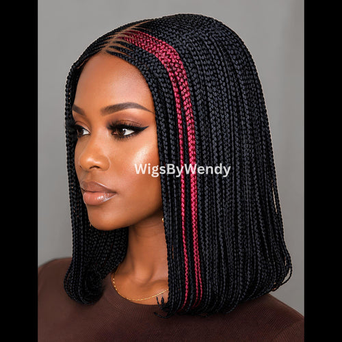 14-Inch Black Red raided Bob Wig, Lightweight Lace Closure Conrow, Side Part Box Braids