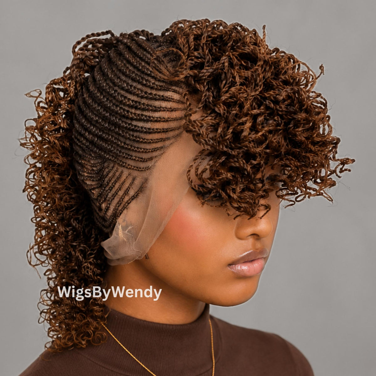 Curly Full Lace Mohawk Conrow Wig, Brown Fringe African Weave Wig With Bangs