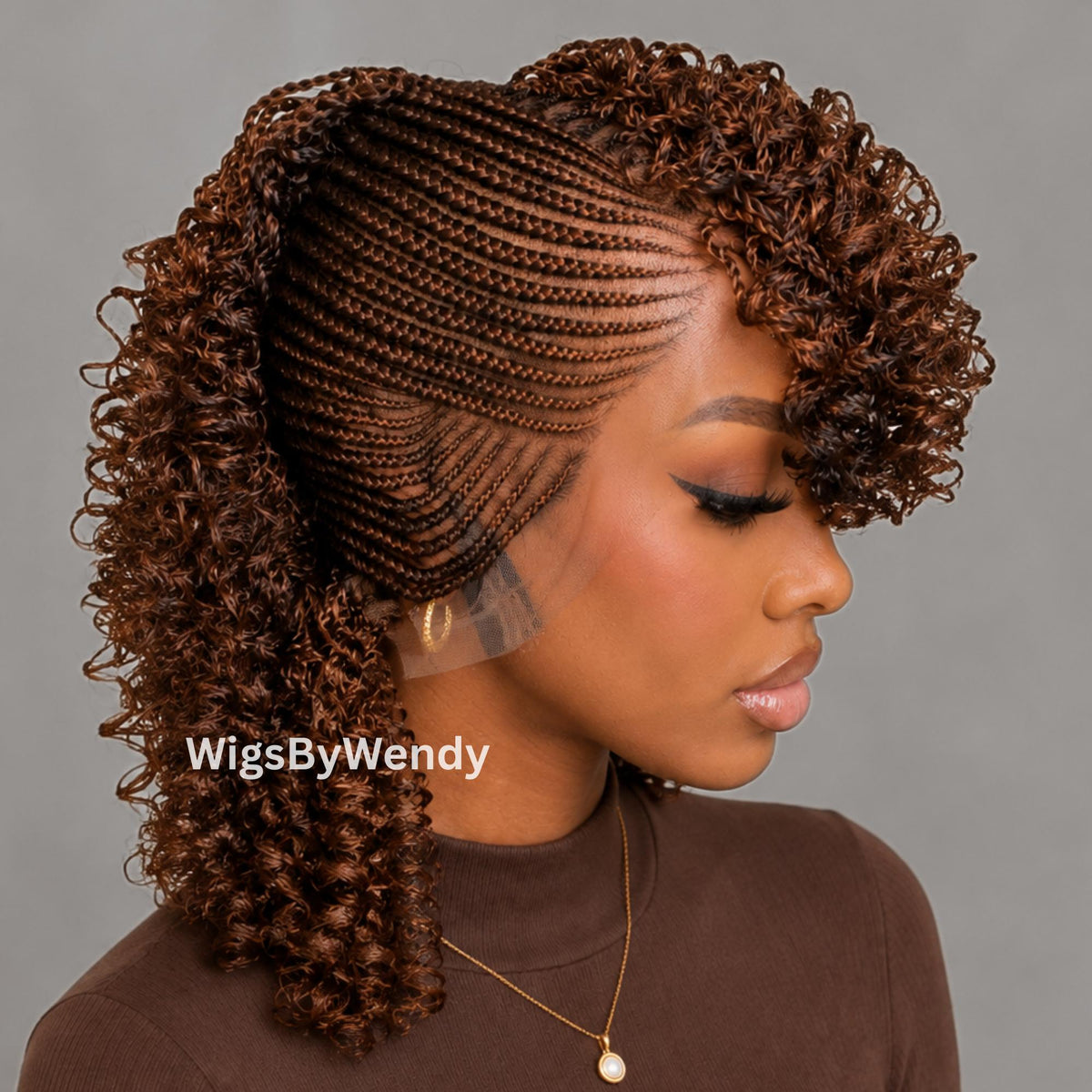 Curly Full Lace Mohawk Conrow Wig, Brown Fringe African Weave Wig With Bangs