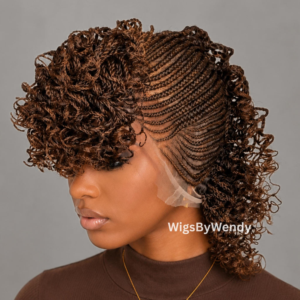 Curly Full Lace Mohawk Conrow Wig, Brown Fringe African Weave Wig With Bangs