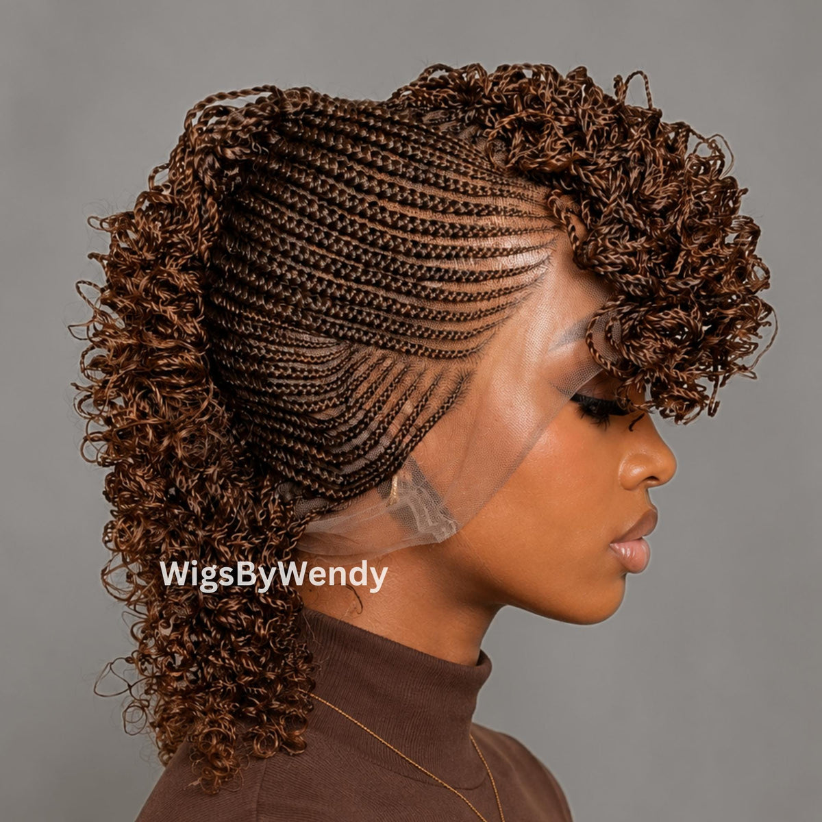 Curly Full Lace Mohawk Conrow Wig, Brown Fringe African Weave Wig With Bangs