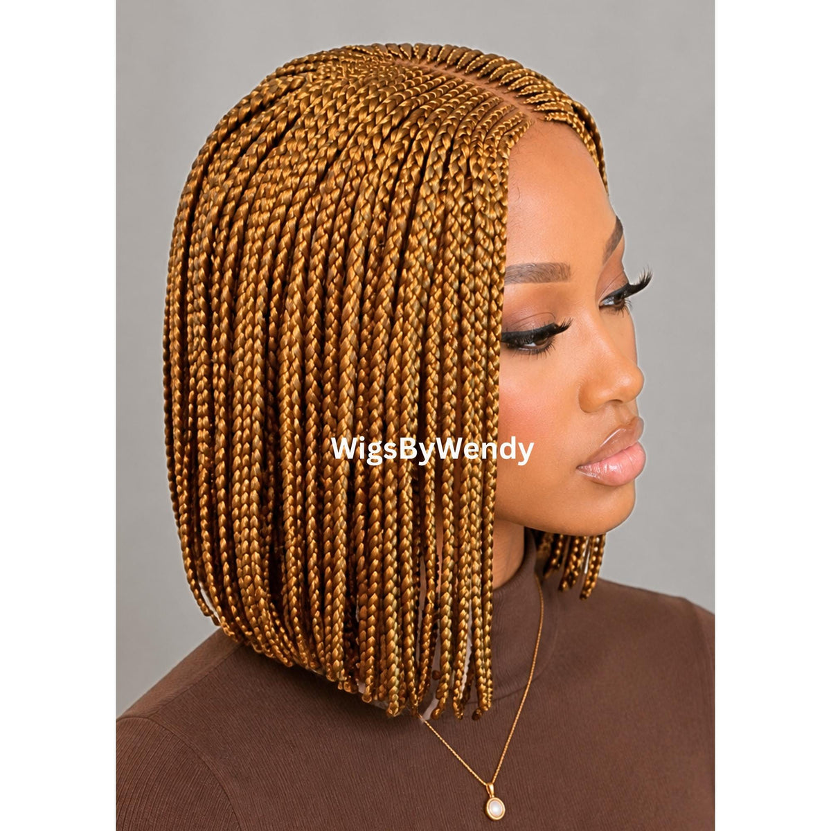 Gold Short Bob Braids Wig, Human Hair Lace Closure Lightweight Middle Part Conrow Wig