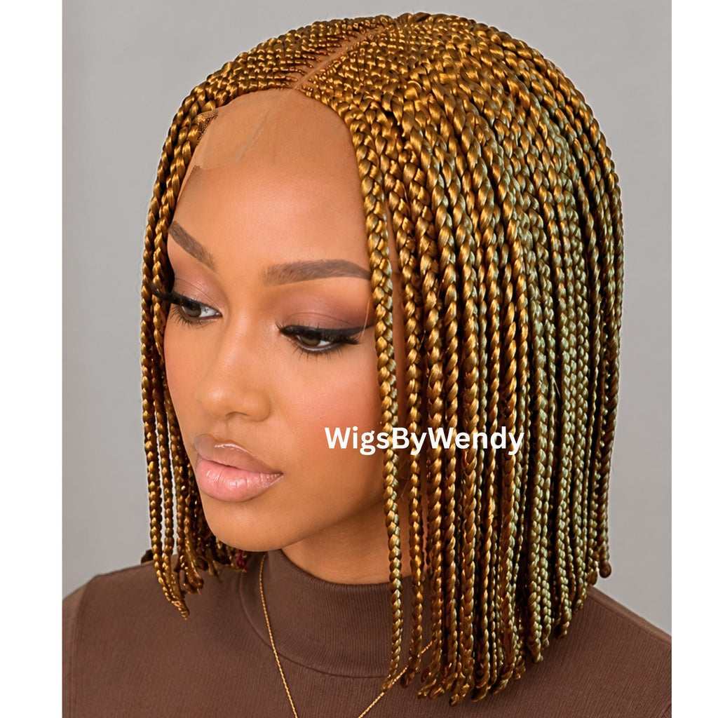 Gold Short Bob Braids Wig, Human Hair Lace Closure Lightweight Middle Part Conrow Wig