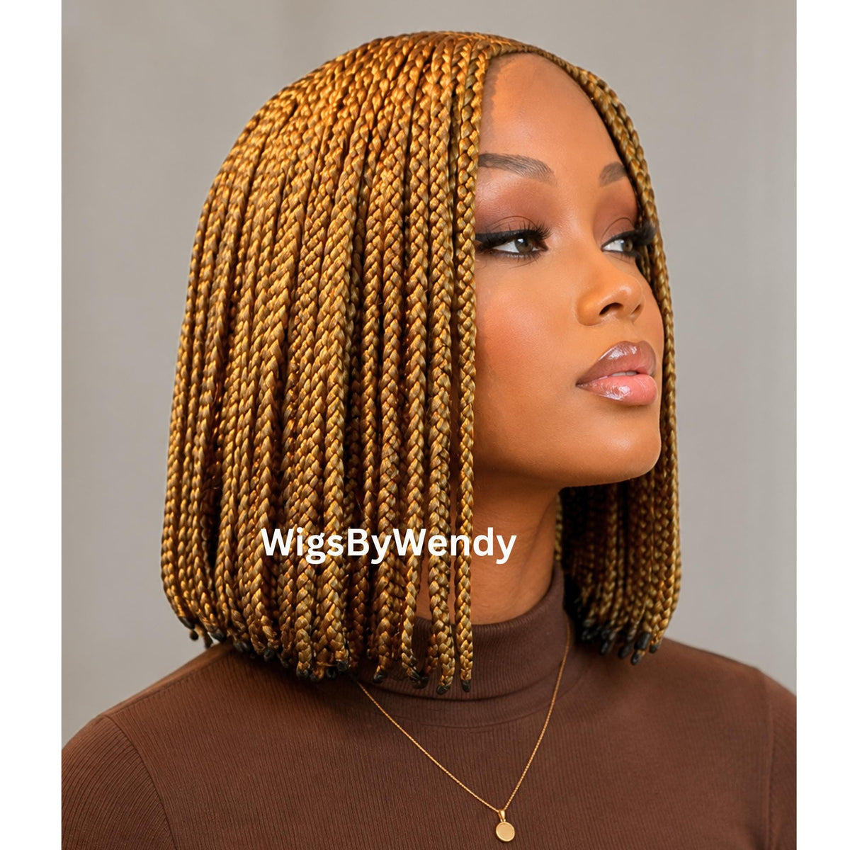Gold Short Bob Braids Wig, Human Hair Lace Closure Lightweight Middle Part Conrow Wig