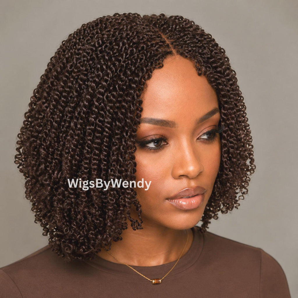 Brown Short Bob Spring Twist Braids Wig, Passion Curls Lace Closure Lightweight Wig