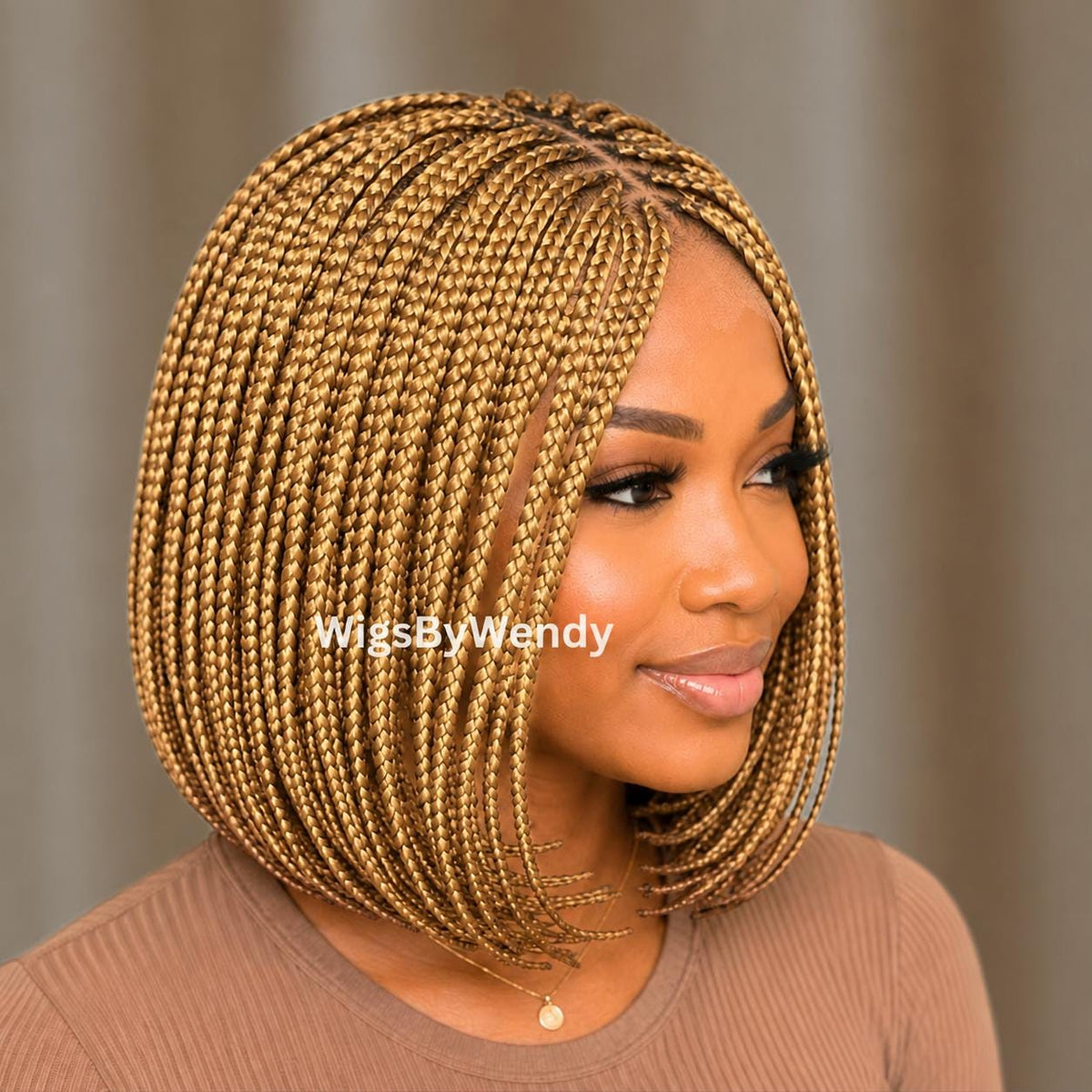 Gold Short Bob Braids Wig, Human Hair Lace Closure Lightweight Wig