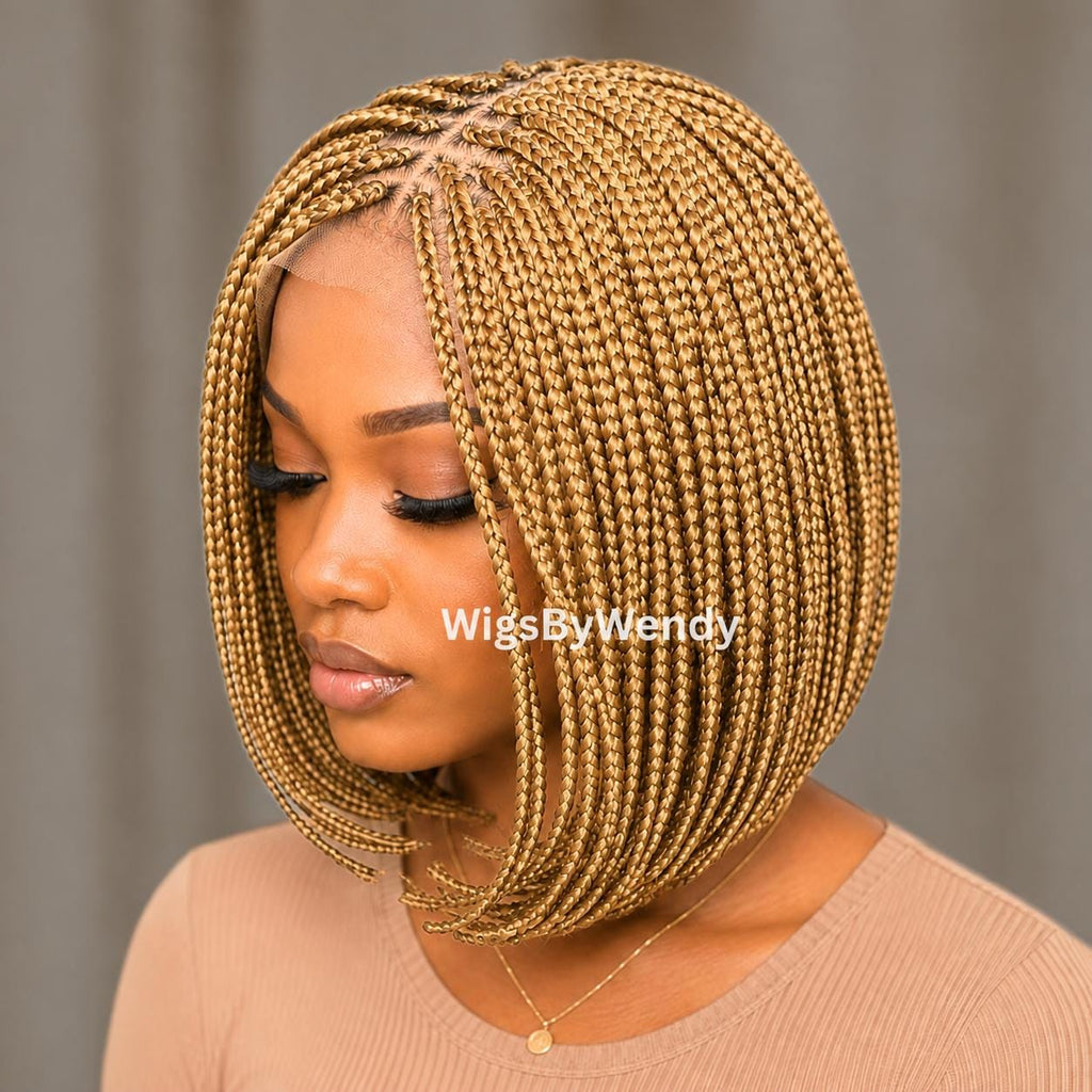 Gold Short Bob Braids Wig, Human Hair Lace Closure Lightweight Wig