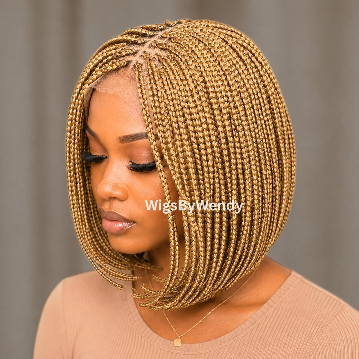 Gold Short Bob Braids Wig, Human Hair Lace Closure Lightweight Wig