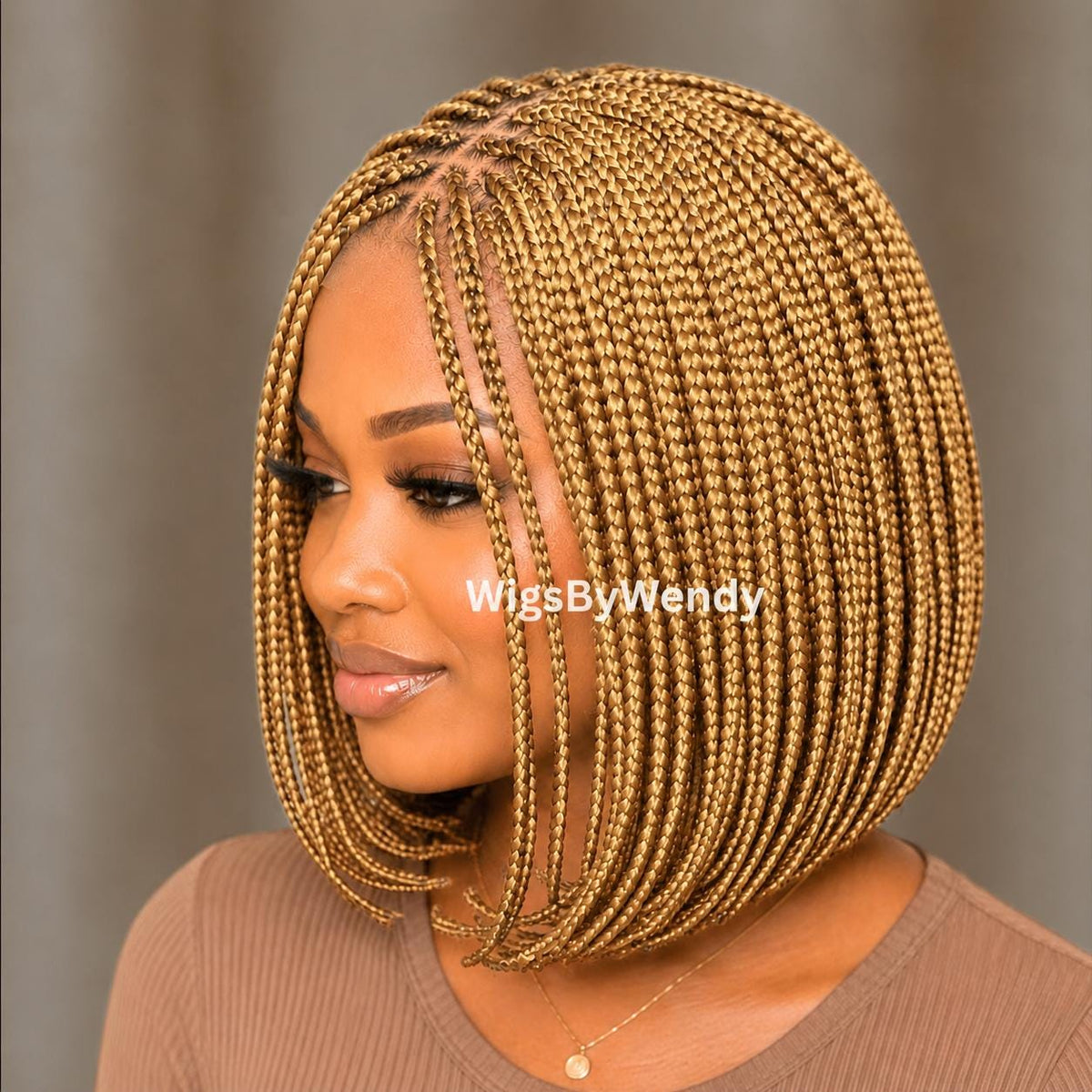 Gold Short Bob Braids Wig, Human Hair Lace Closure Lightweight Wig