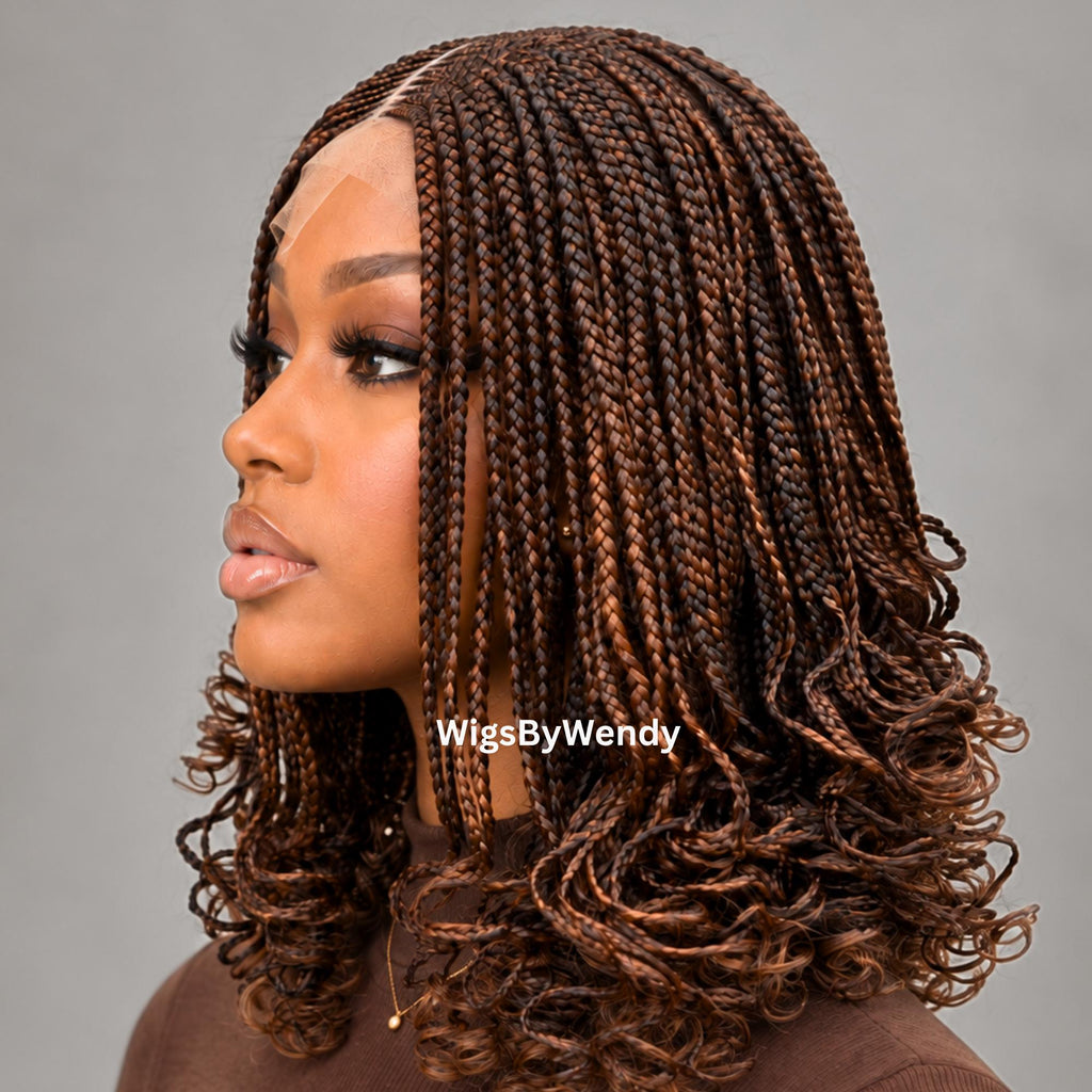 Curly Lace Closure Conrow Braided Wig, Short Bob Lightweight African Weave Wig