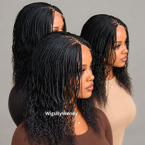 16inches Curly Lace Closure Single Box Braids Wig, Lightweight African Weave, Micro Braids Wig