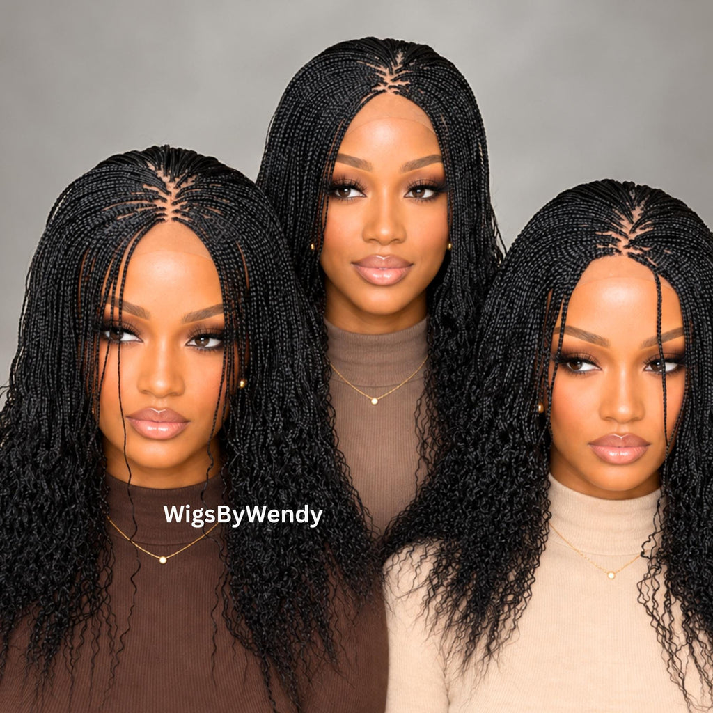 16inches Curly Lace Closure Single Box Braids Wig, Lightweight African Weave, Micro Braids Wig