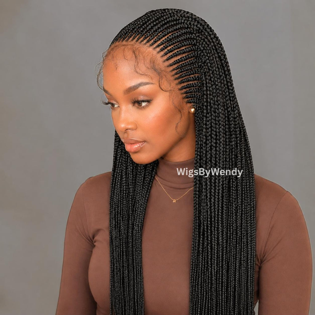 Lacce Frontal Conrow Wig, Long Single Box Braids Lightweight African Weave Wig With Baby Hair