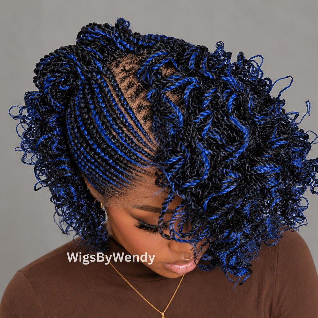 Black Blue Curly Full Lace Mohawk Conrow Wig, Brown Fringe African Weave Wig With Bangs