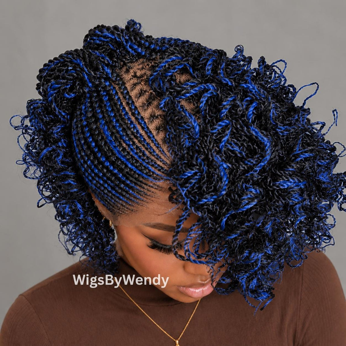 Black Blue Curly Full Lace Mohawk Conrow Wig, Brown Fringe African Weave Wig With Bangs