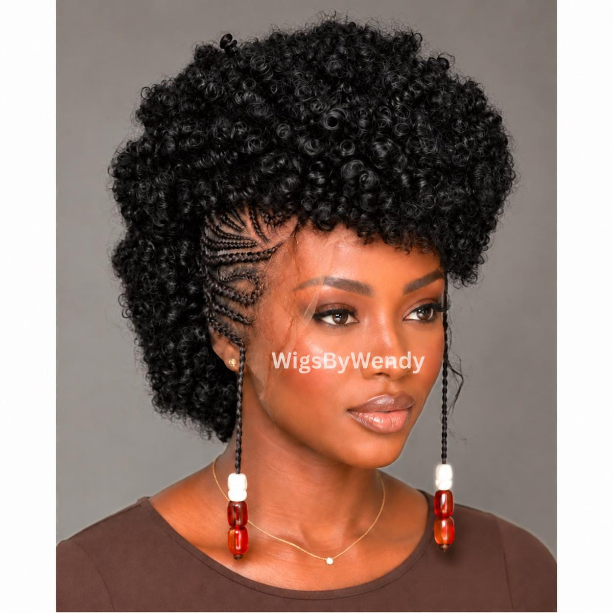 Short Afro Puff Braided Full Lace Mohawk Cornrow wig, Tribal Updo Braids With Beads