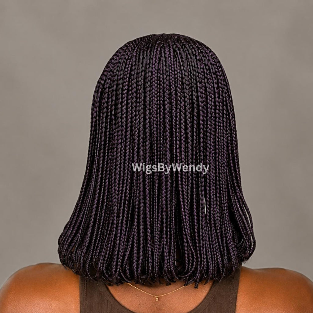 Black Purple Short Bob Braids Wig, Human Hair Lace Closure Lightweight Wig