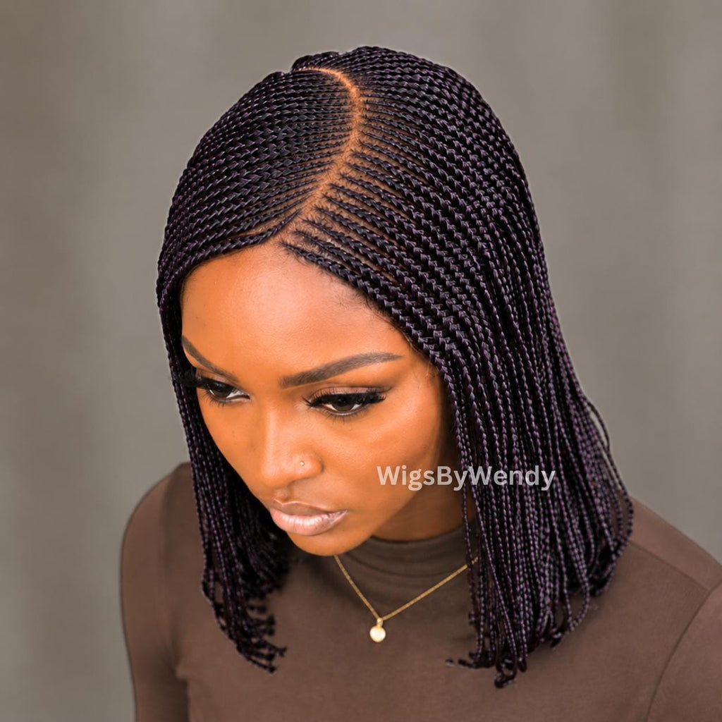 Black Purple Short Bob Braids Wig, Human Hair Lace Closure Lightweight Wig