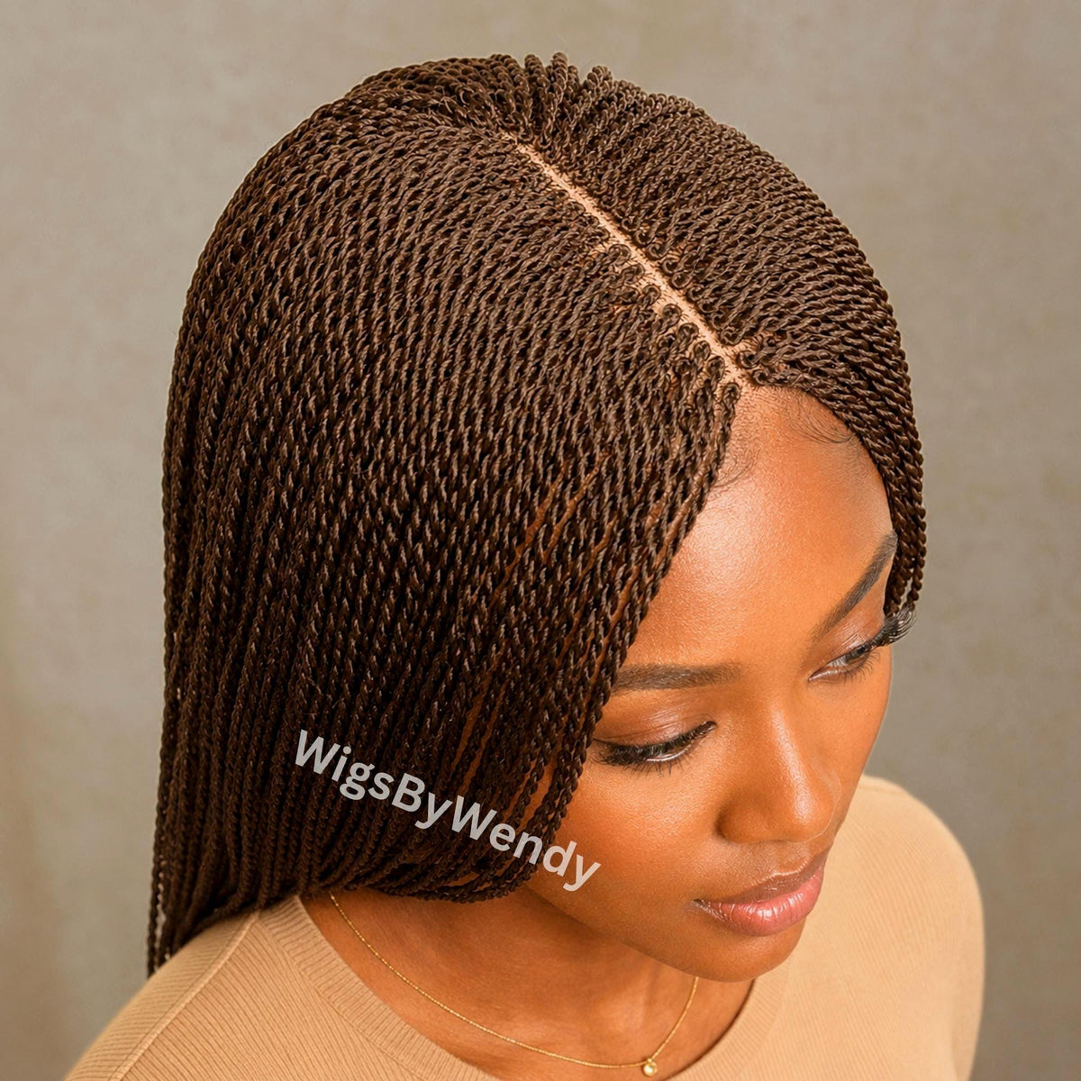 Brown 24inches Micro Twist Braided Wig, Long Centre-part Light-weight Single Braids Wig
