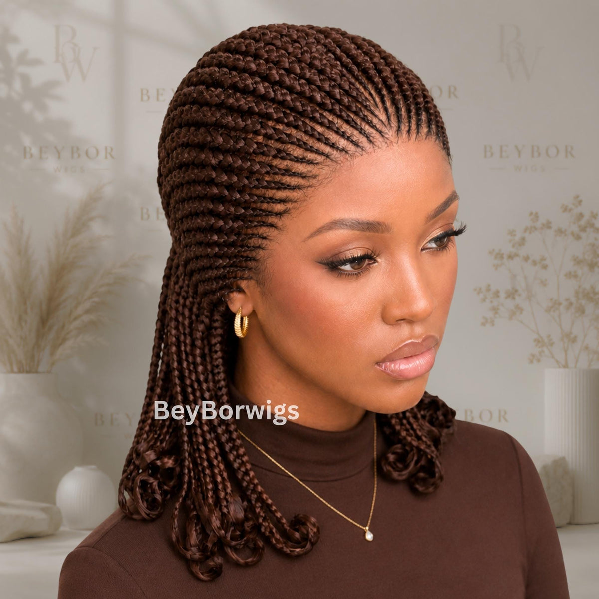 Curly Full Lace All Back Conrow Braids Wig, Lightweight African Weave With Baby Hair