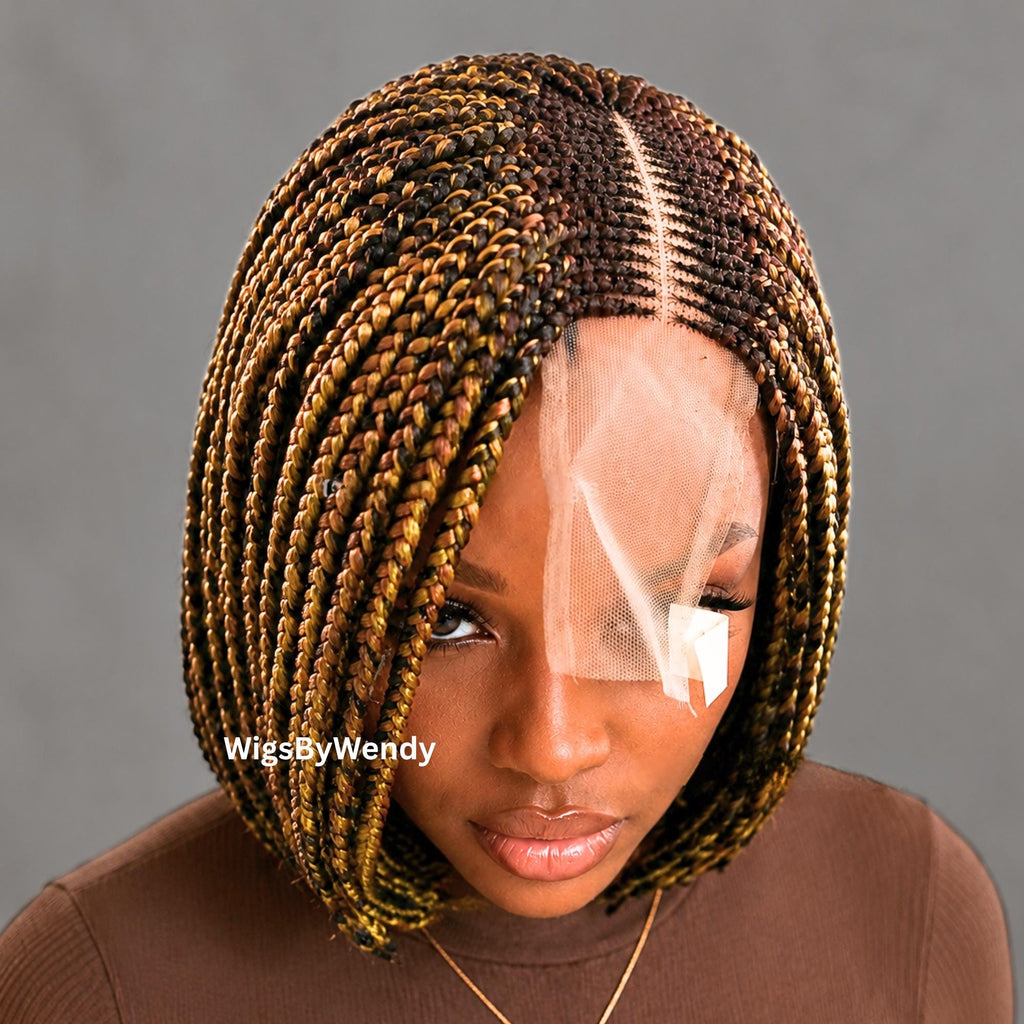 Brown and Gold Short Bob Braids Wig, Human Hair Lace Closure Lightweight Wig