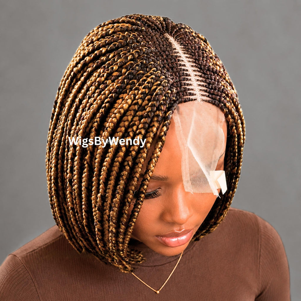 Brown and Gold Short Bob Braids Wig, Human Hair Lace Closure Lightweight Wig