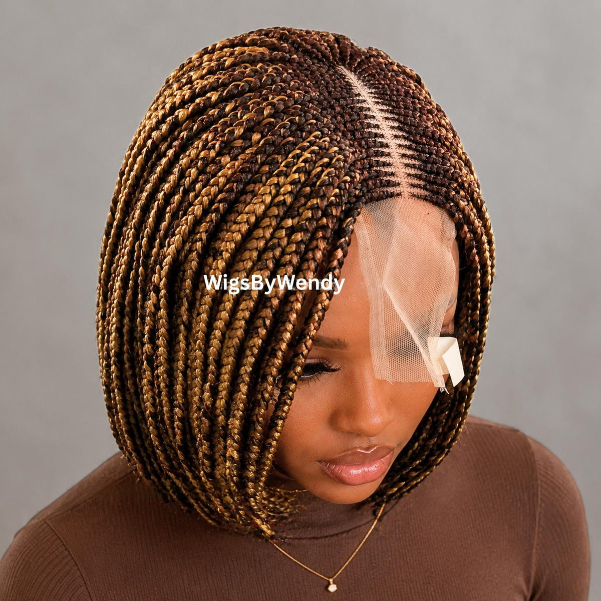 Brown and Gold Short Bob Braids Wig, Human Hair Lace Closure Lightweight Wig