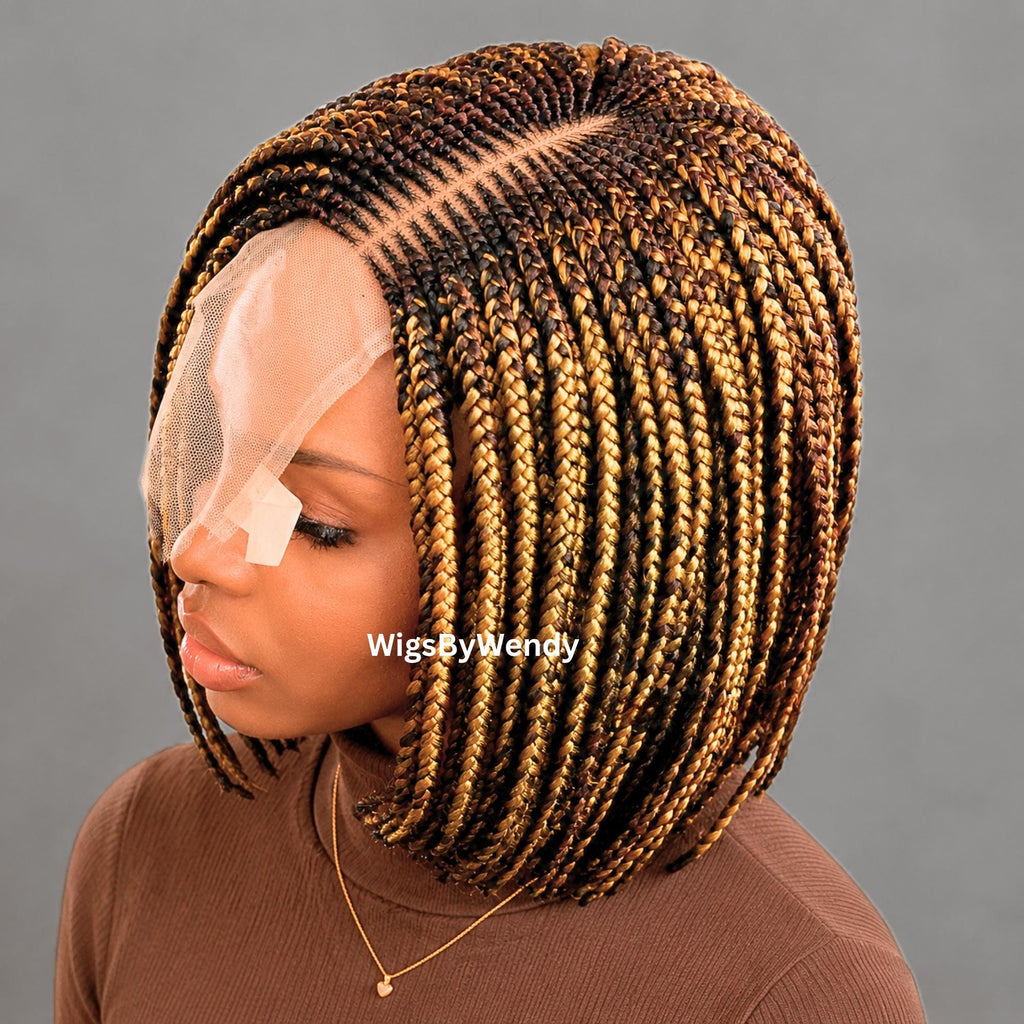 Brown and Gold Short Bob Braids Wig, Human Hair Lace Closure Lightweight Wig