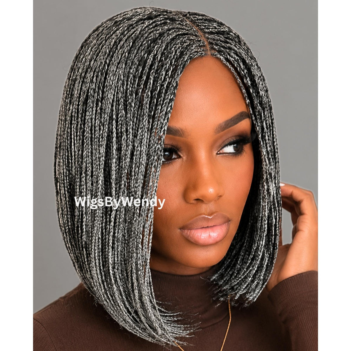 Salt and Pepper Short Bob Braids Wig, Human Hair Lace Closure Lightweight Wig