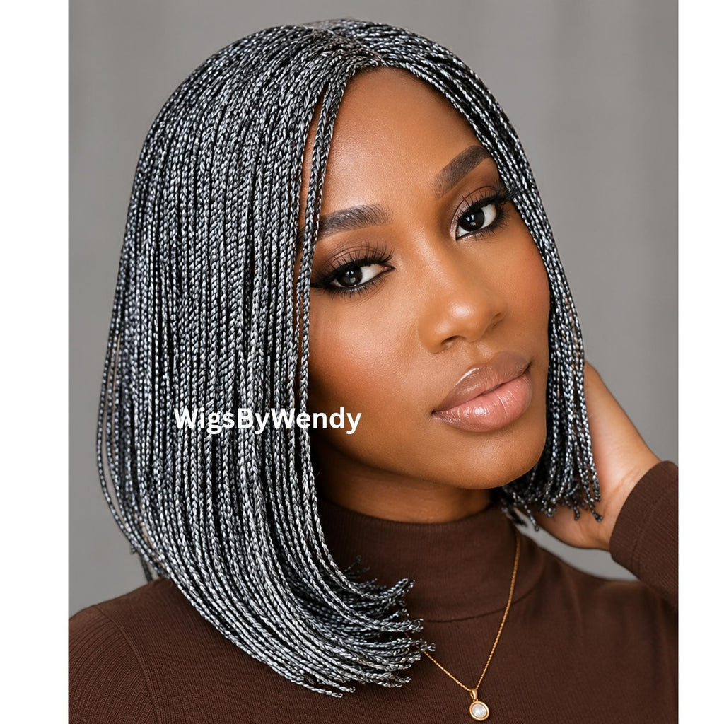 Salt and Pepper Short Bob Braids Wig, Human Hair Lace Closure Lightweight Wig