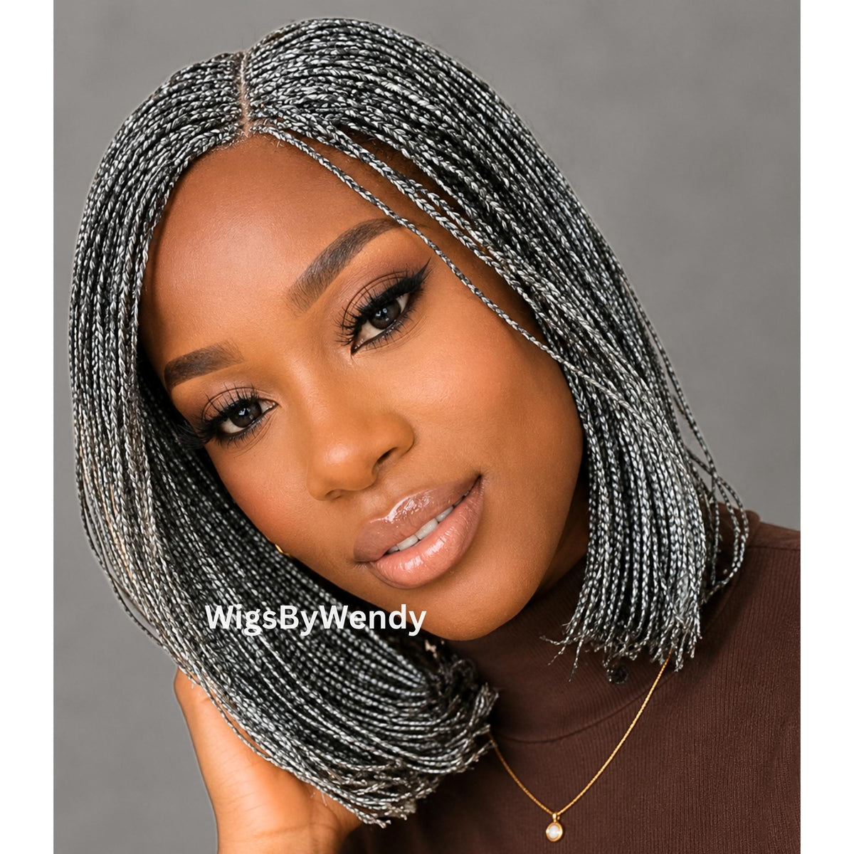 Salt and Pepper Short Bob Braids Wig, Human Hair Lace Closure Lightweight Wig
