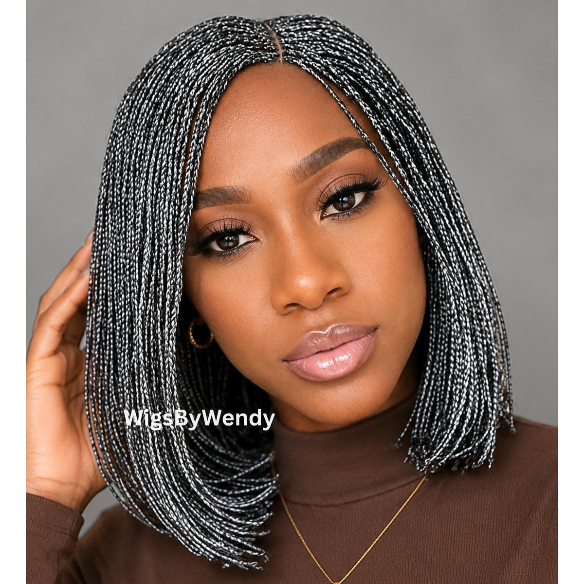Salt and Pepper Short Bob Braids Wig, Human Hair Lace Closure Lightweight Wig