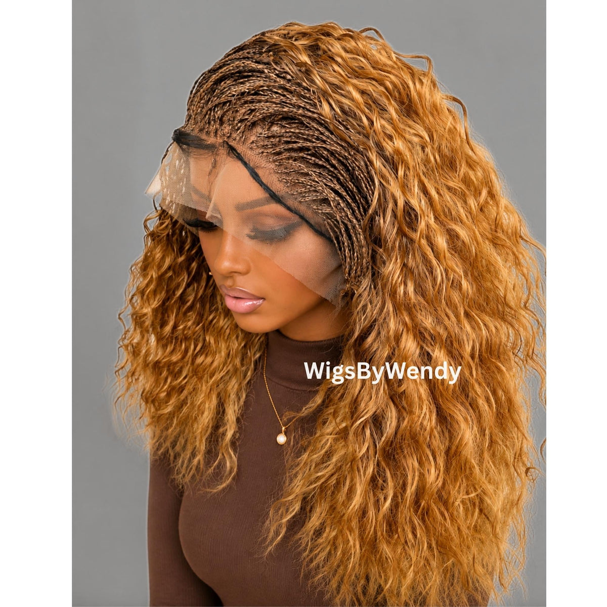 Gold 16inches Curly Micro Braids Wig, Lace Closure Single Box Braids Wig, Lightweight African Weave