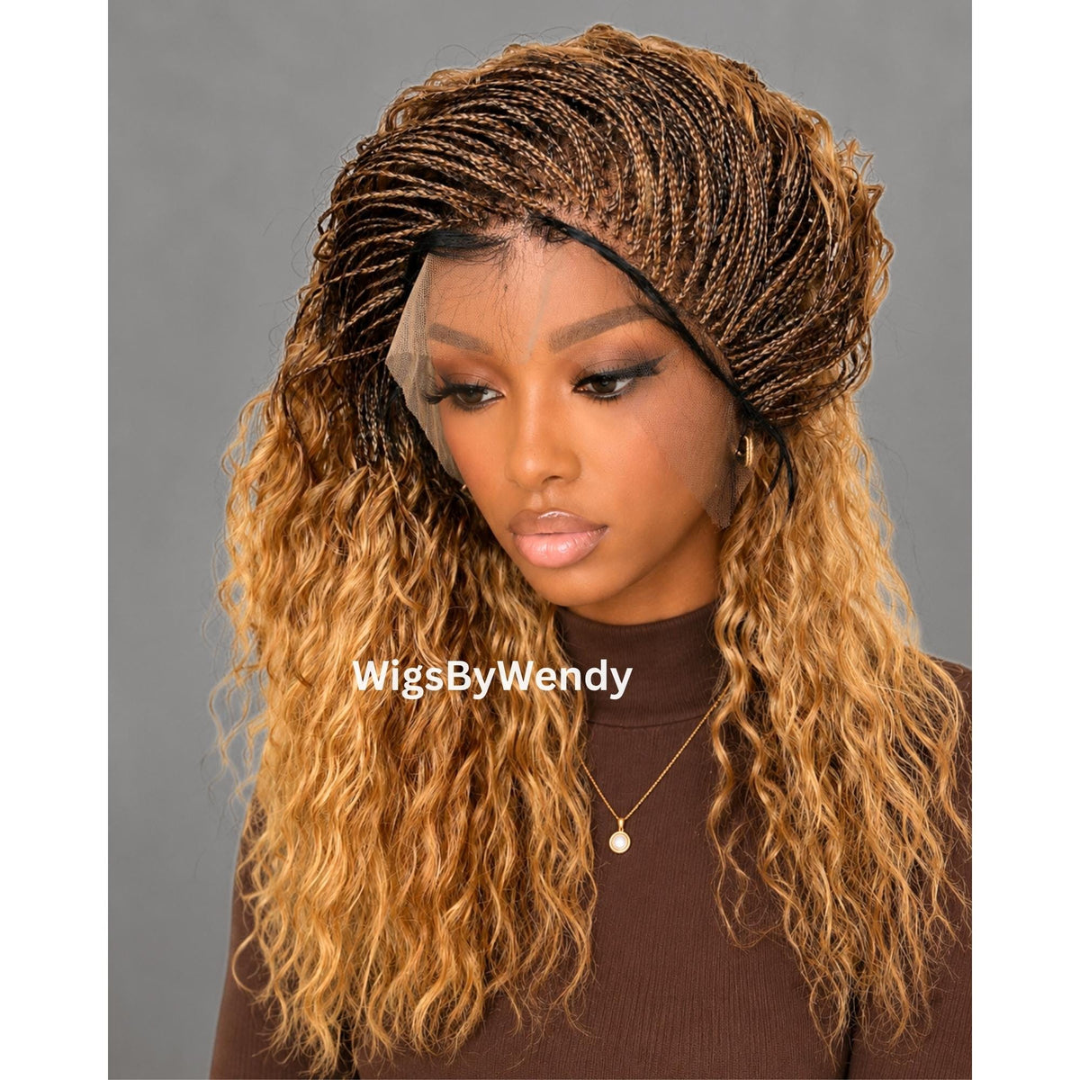 Gold 16inches Curly Micro Braids Wig, Lace Closure Single Box Braids Wig, Lightweight African Weave