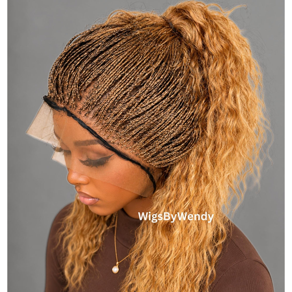 Gold 16inches Curly Micro Braids Wig, Lace Closure Single Box Braids Wig, Lightweight African Weave