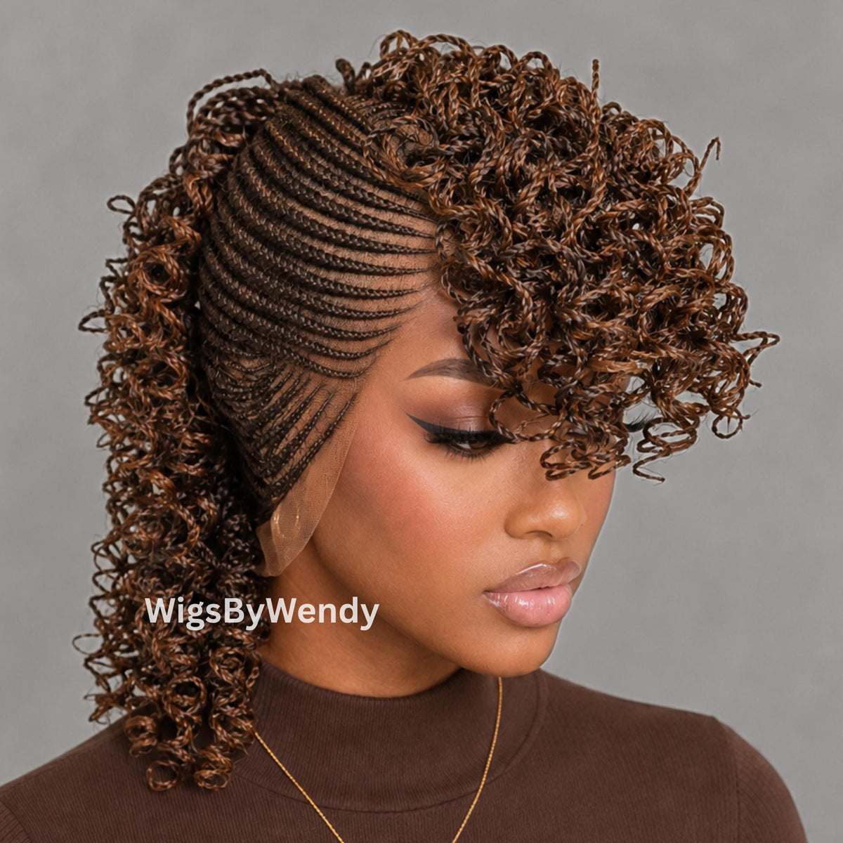Curly Full Lace Mohawk Conrow Wig, Brown Fringe African Weave Wig With Bangs