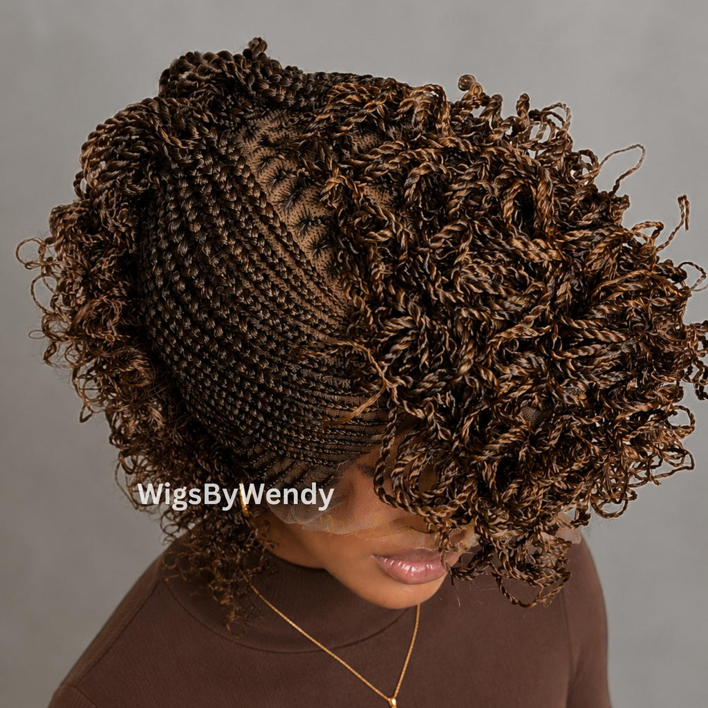 Curly Full Lace Mohawk Conrow Wig, Brown Fringe African Weave Wig With Bangs